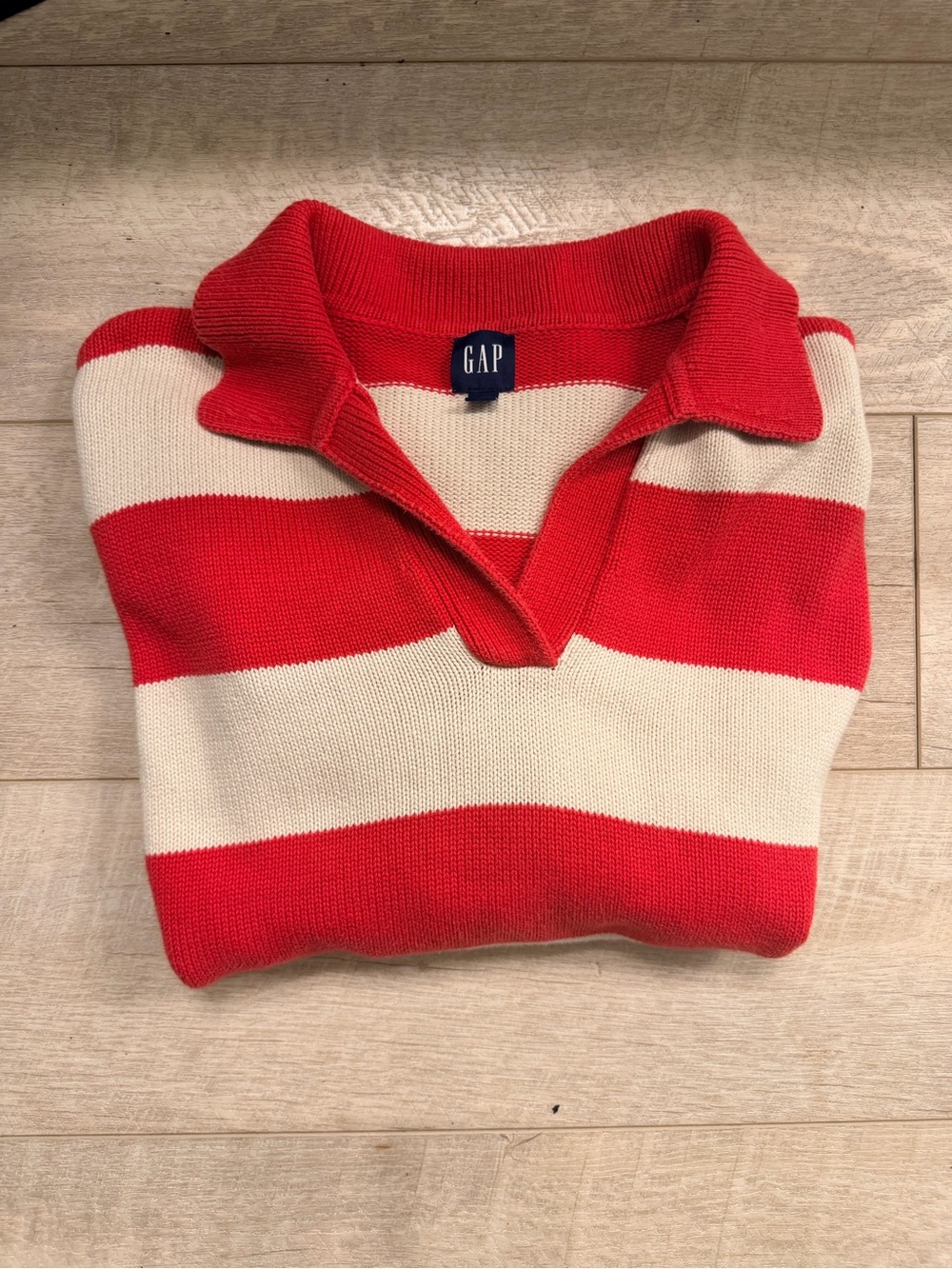 GAP Red and Cream Striped V-Neck Knit Sweater